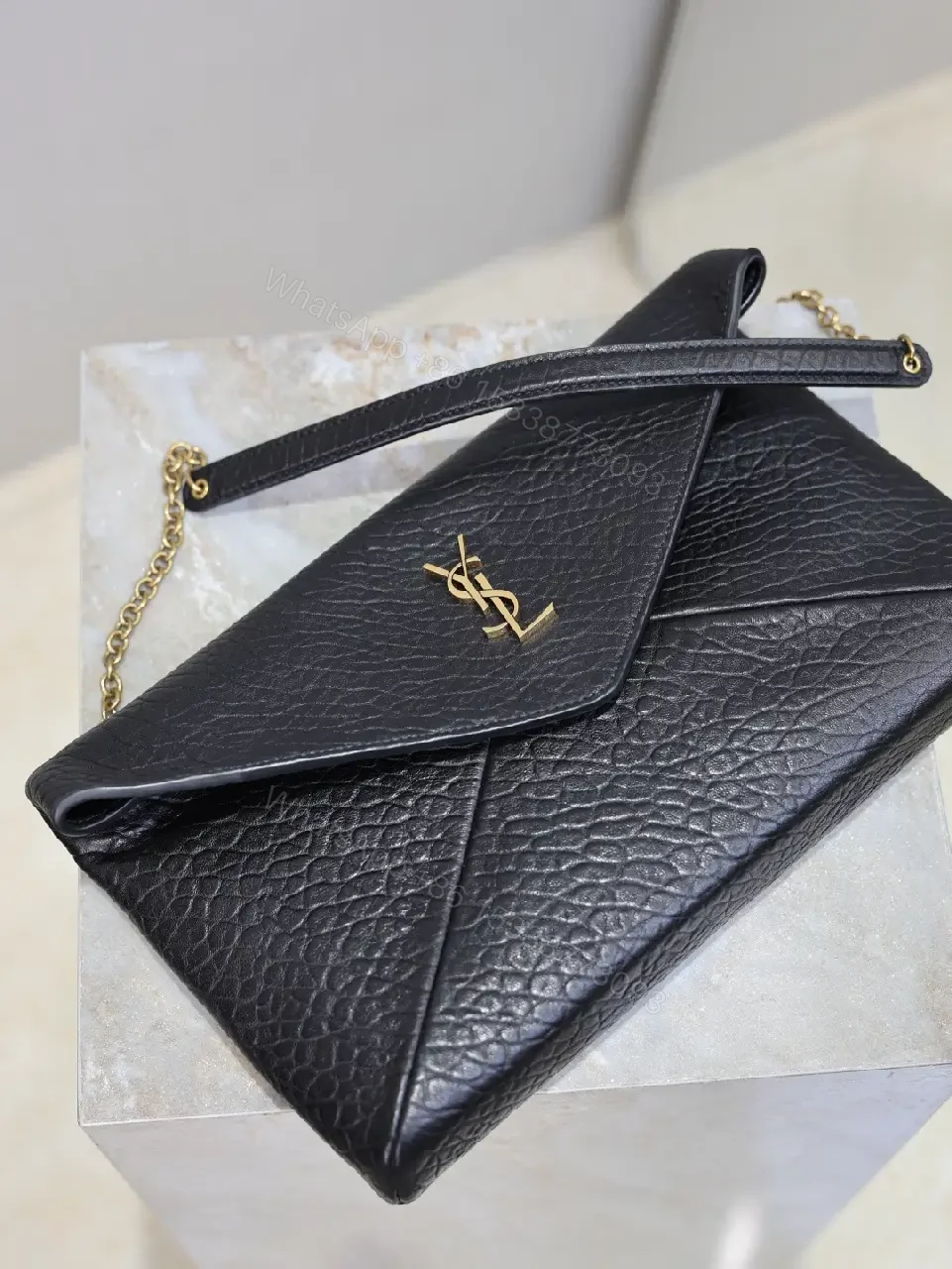 View 8 of Pebbled Leather Envelope Flap Bag, Gold Logo, Day-to-Night Versatility
