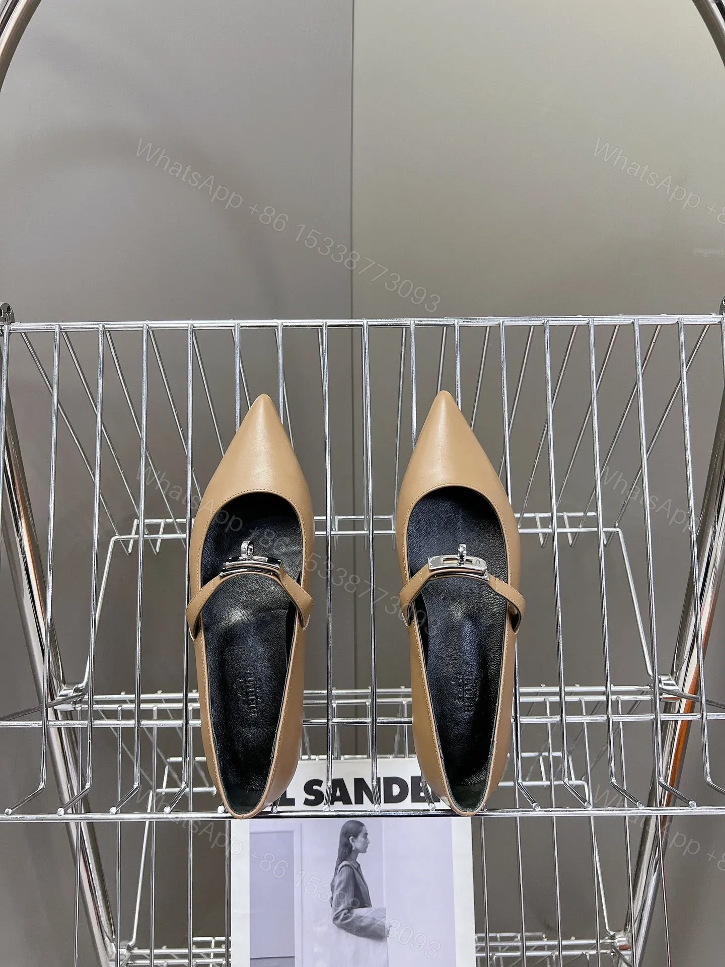 View 2 of Hermes Women Beige Leather Pointed Strap Flats