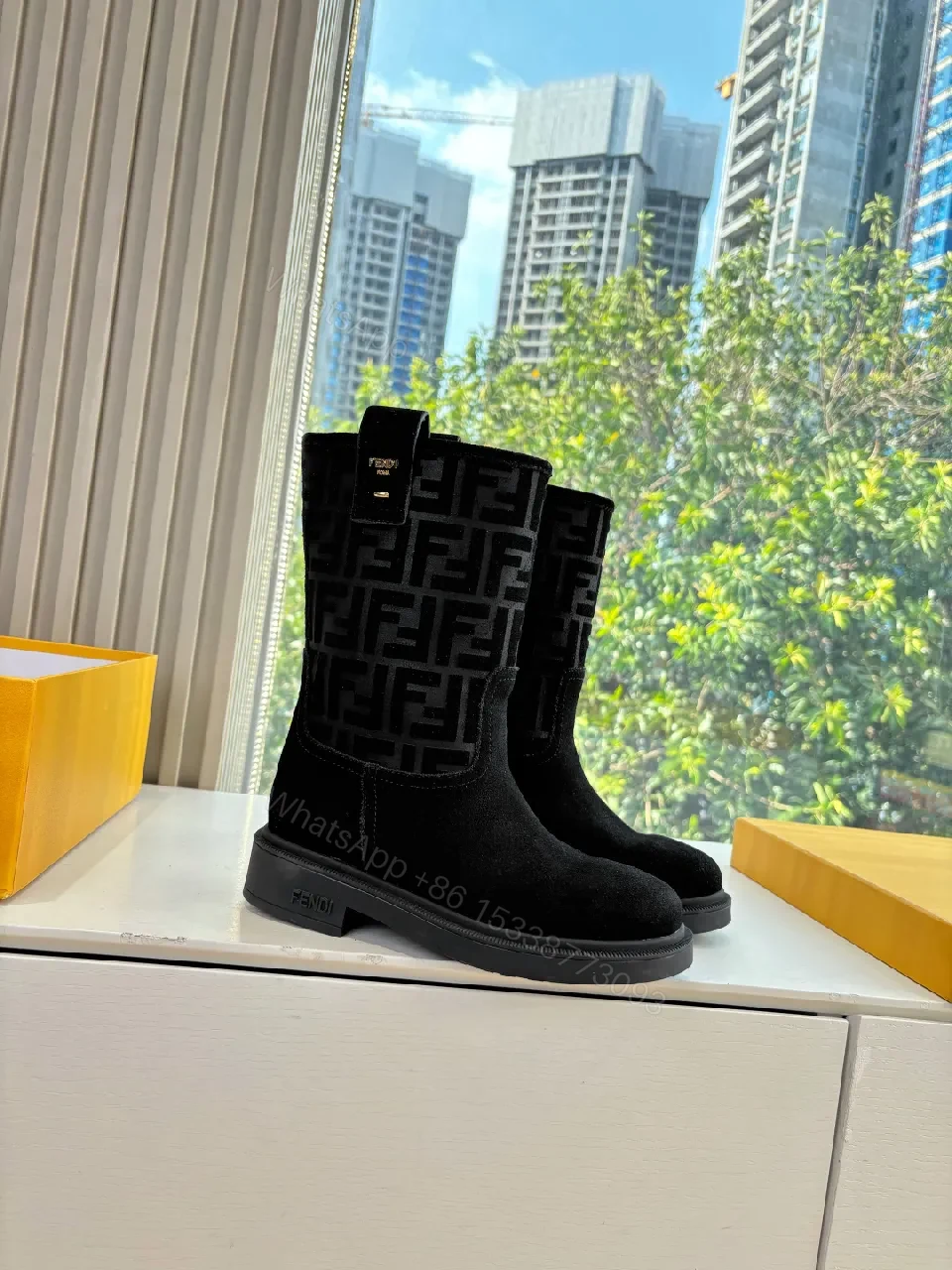 View 3 of Black Suede Boots with Monogram Pattern Mid-Calf Luxe Comfort