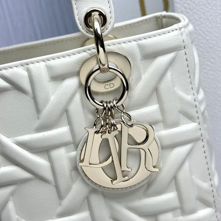 View 8 of White Leather Structured Tote: Dior-Embossed, Compact Luxury Tote