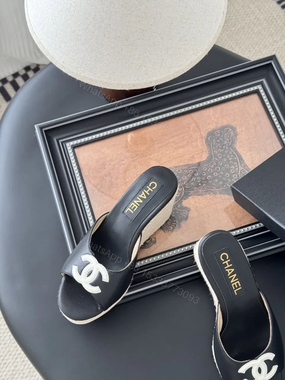 View 5 of Black Leather Espadrille Wedges, Signature Logo, Cushioned Comfort