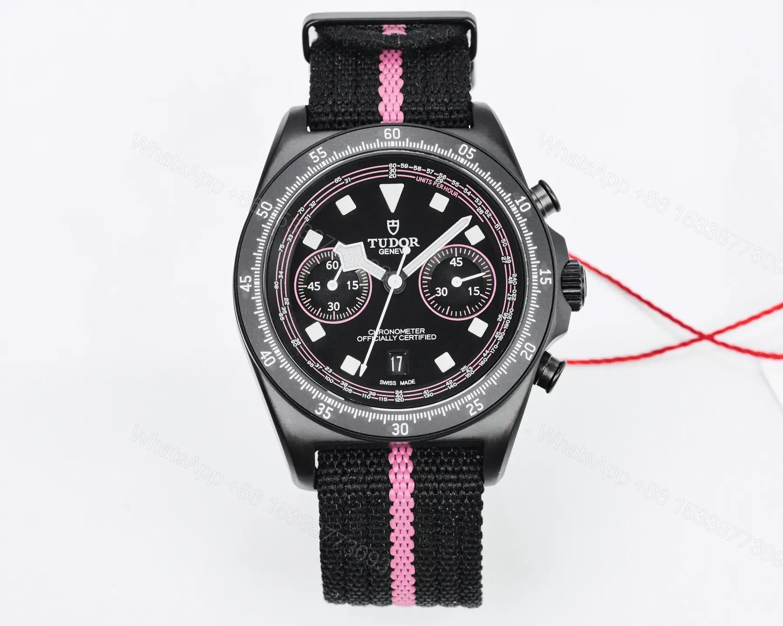View 5 of Tudor FXD Chronograph Black Dial Pink Stripe Fabric Strap Premium 43MM TUD-FXD-CHRONO-BLK-PNK-FAB-43
