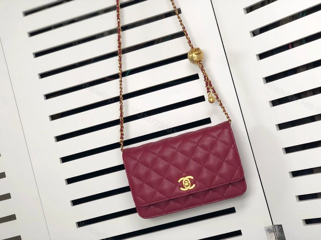 View 3 of WALLET ON CHAIN Grained Shiny Calfskin & Gold-Tone Metal Dark Burgundy