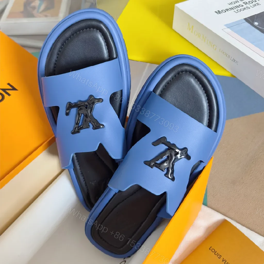 View 3 of Blue Leather Slip-Ons with LV Detail, Cushioned, Slip-On Shoes