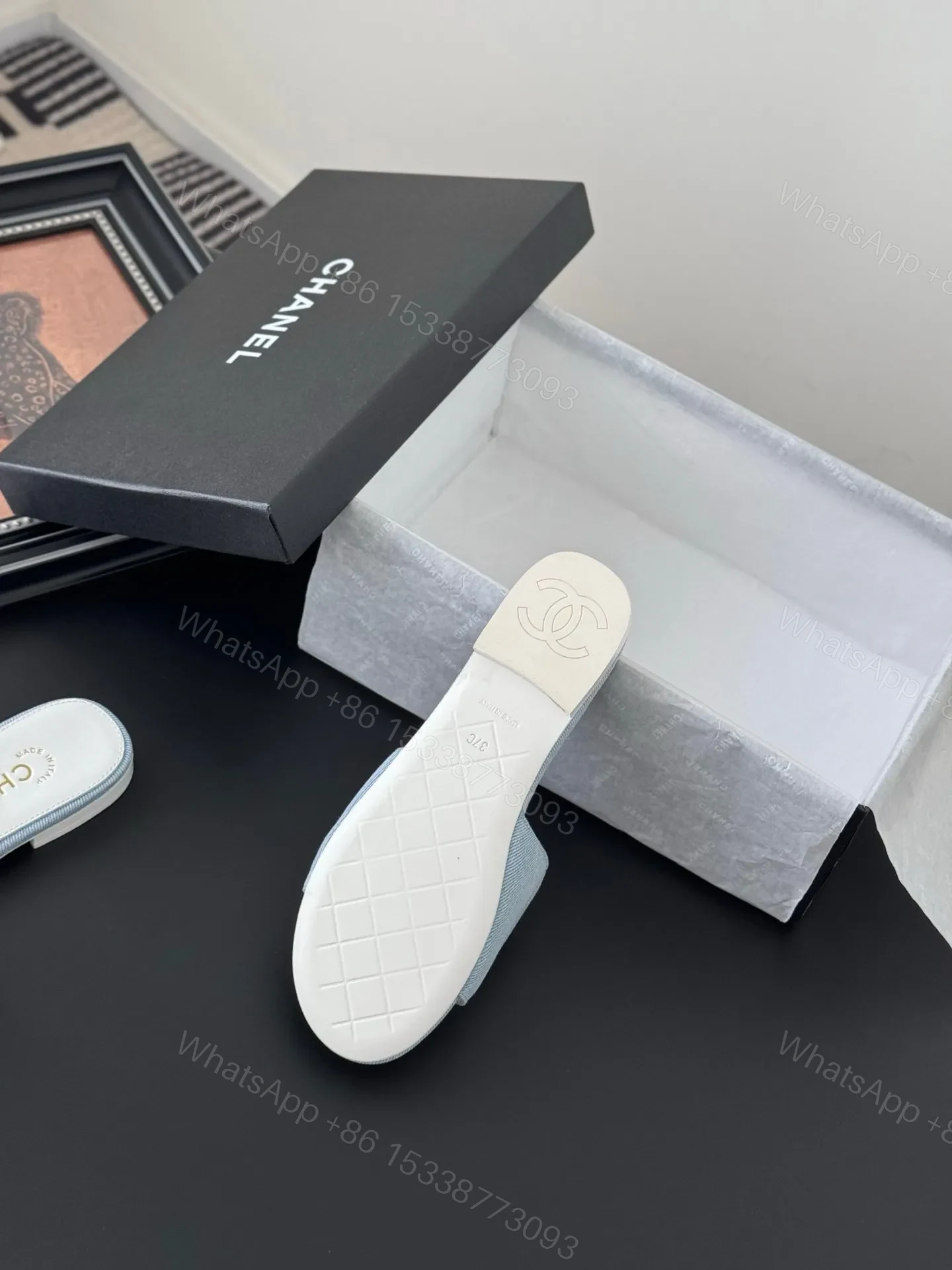 View 4 of Chanel Women Light Blue Quilted Fabric Slides