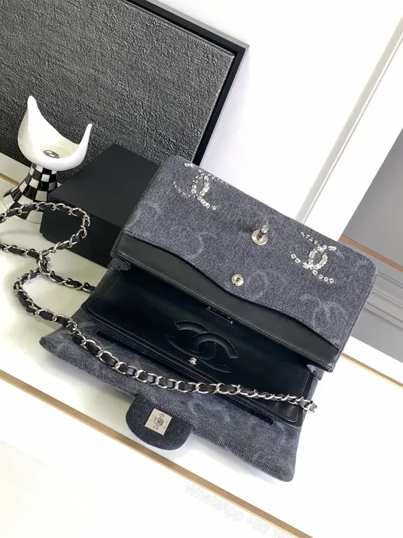 View 9 of Chanel-Style Denim Flap Bag with Crystal Chain Detail - Modern Luxury