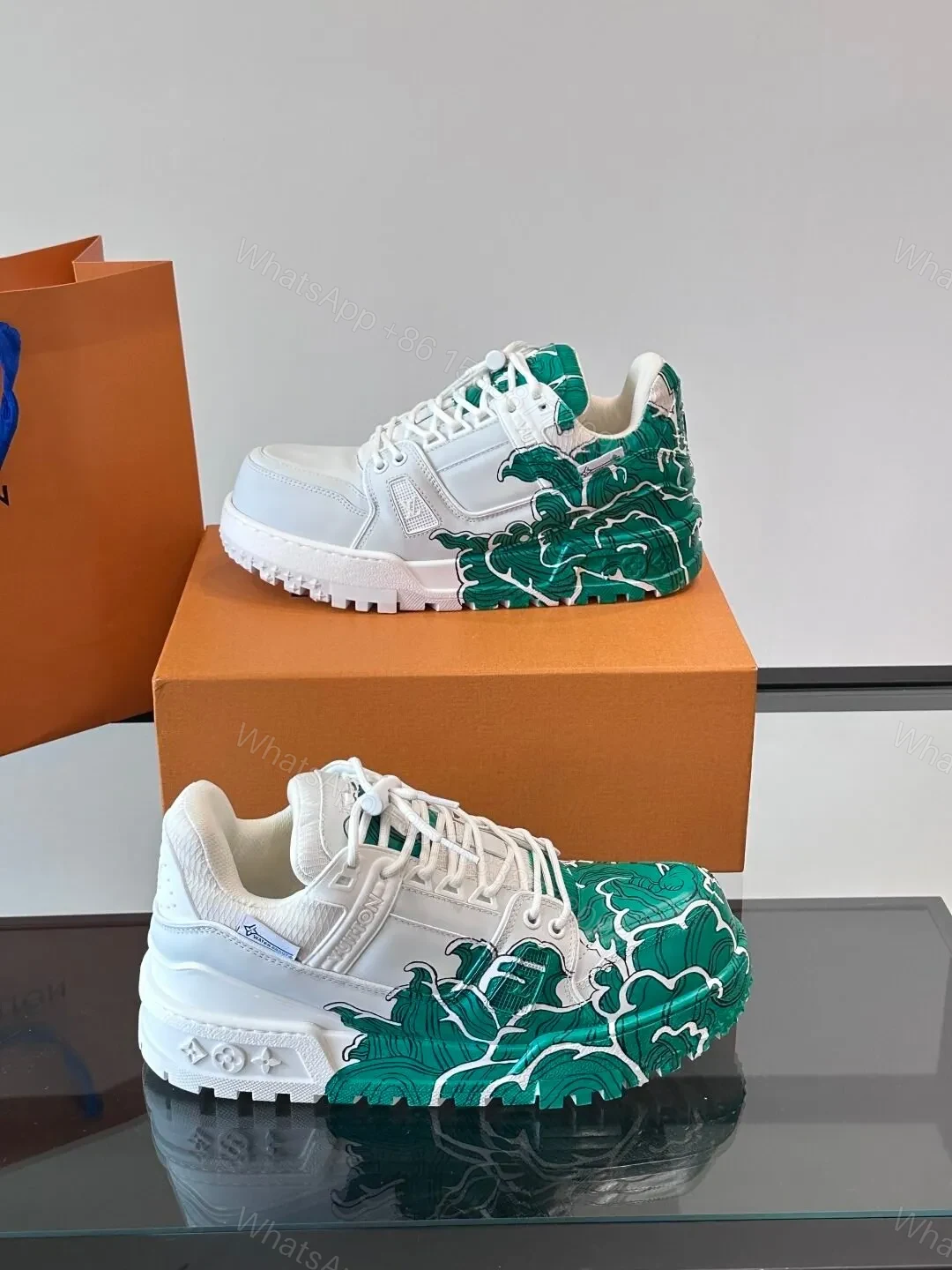 View 4 of LV Men White Green Leather Sneakers