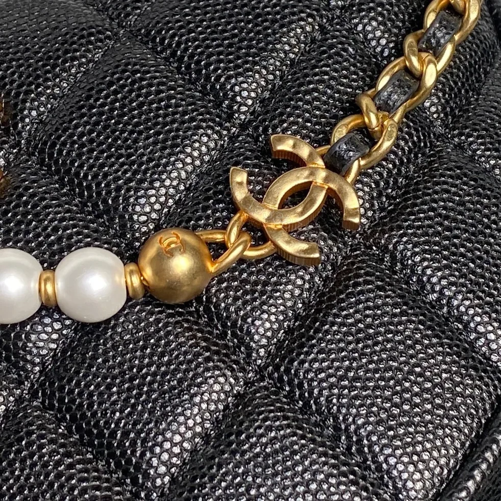 View 5 of Compact Quilted Black Mini Bag with Pearl Chain