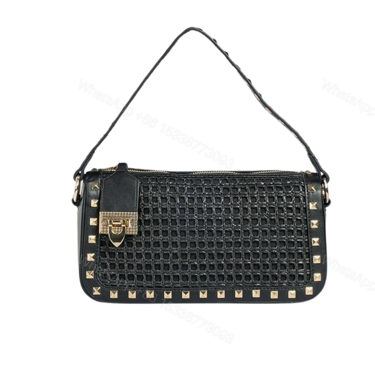 VALENTINO GARAVANI ROCKSTUD RAFFIA SMALL CROSSBODY BAG BLACK 19CM — view 1