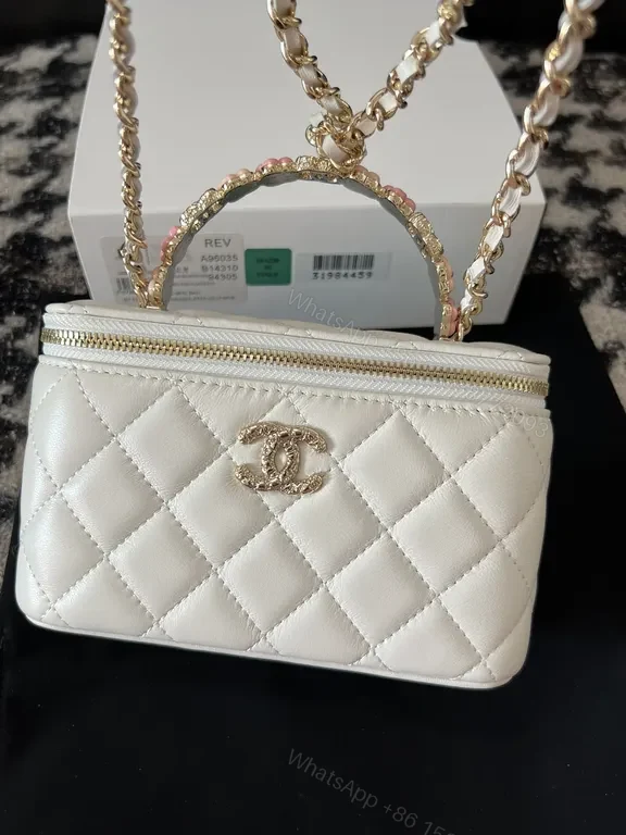 View 6 of Chic Quilted Mini Bag with Gold Emblem - White, Faux Leather, Luxe, Compact Luxury Bag