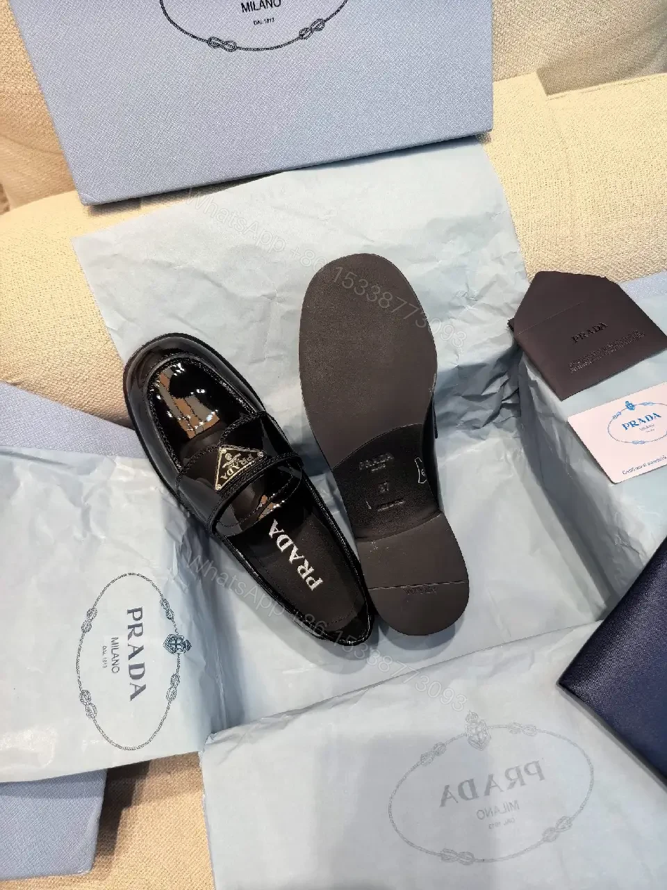 View 3 of Black Patent Leather Loafers Prada Style Feature: Logo Detail Shoe Type: Loafers