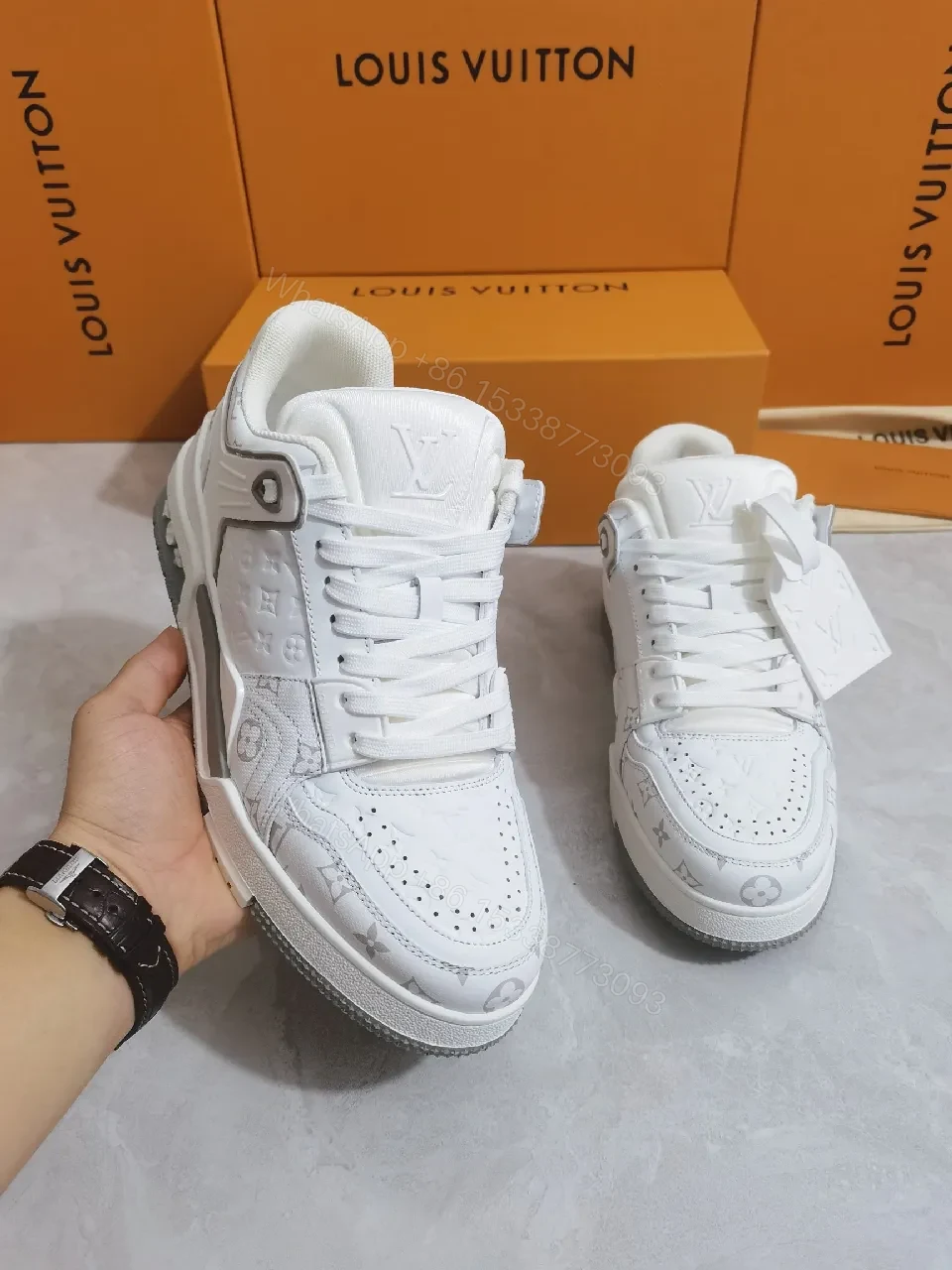 View 5 of Monochrome Leather High-Top Sneakers with Luxe Detailing