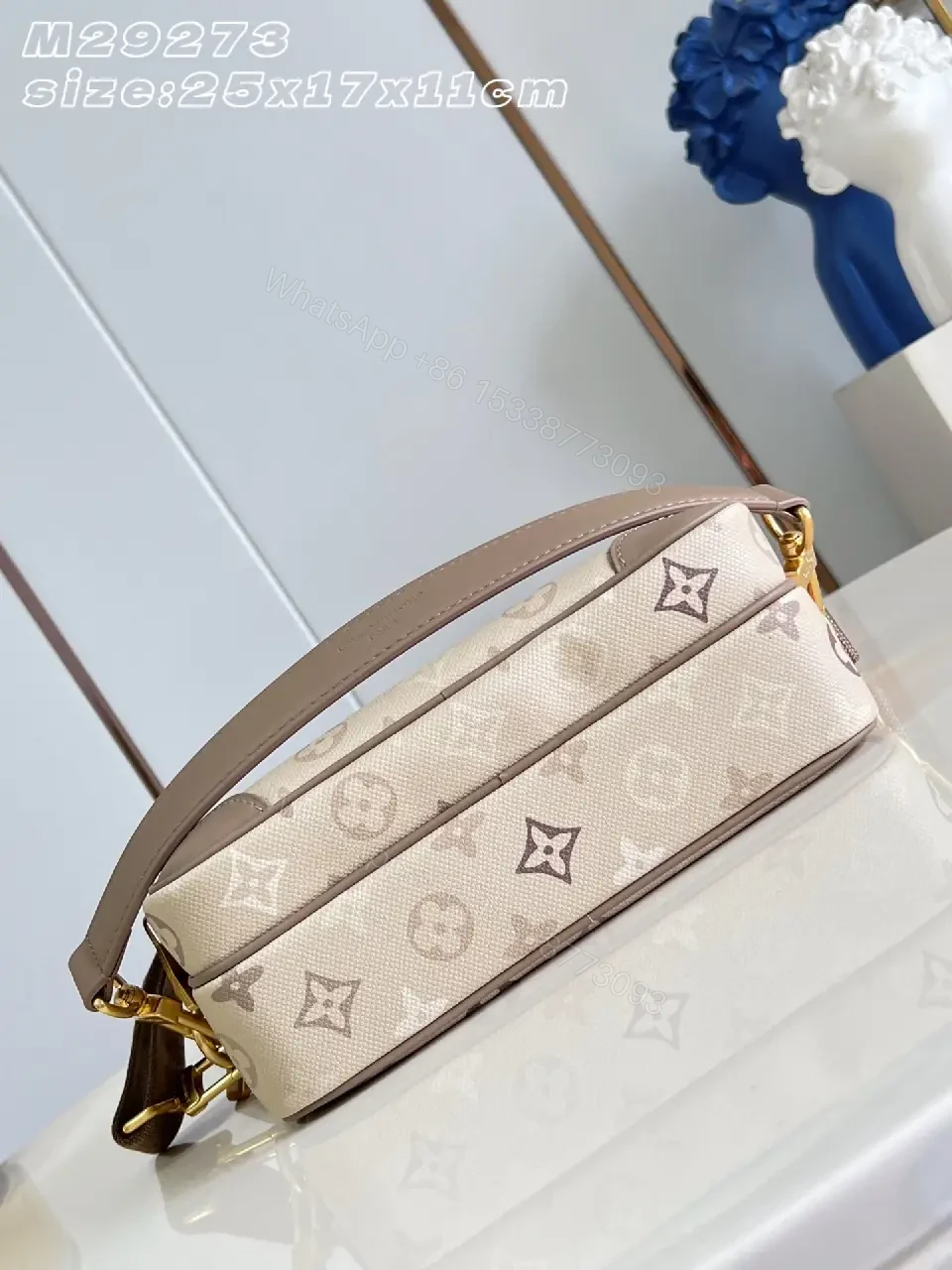 View 3 of Beige Monogram Crossbody: LV-Style, Structured Tote