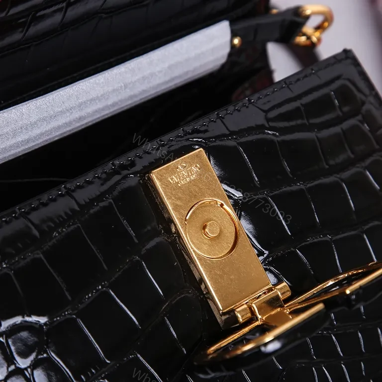 View 7 of Croc-Embossed Satchel: Black Calfskin Valentino Bag