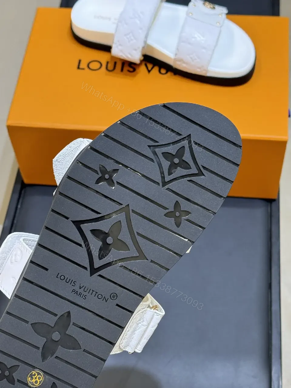 View 4 of White Leather Sandals Velcro Straps Minimalist Louis Vuitton Monogram Sandals