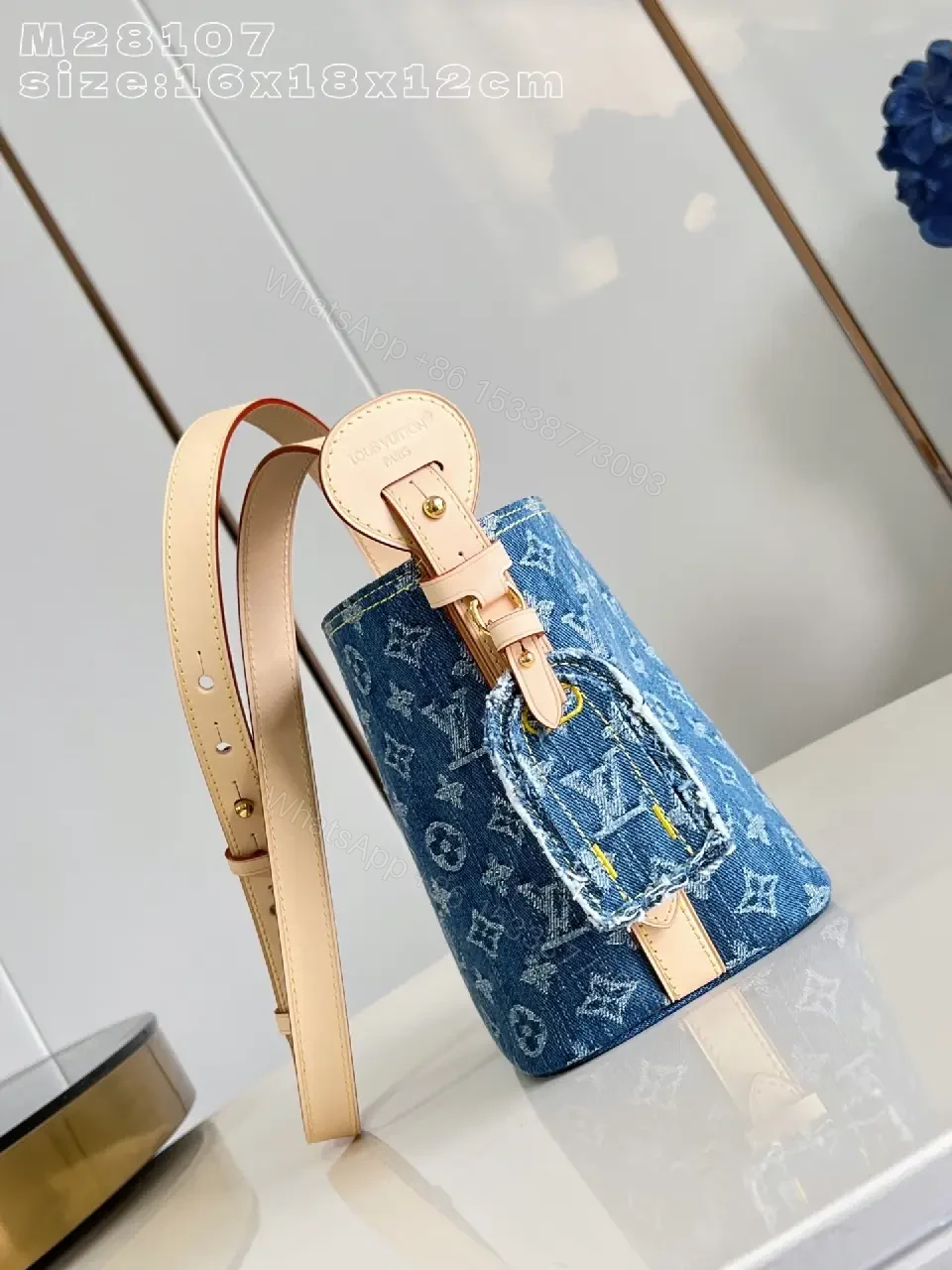 View 6 of Denim Monogram Satchel: Structured, Two-Tone Leather Trim Bag