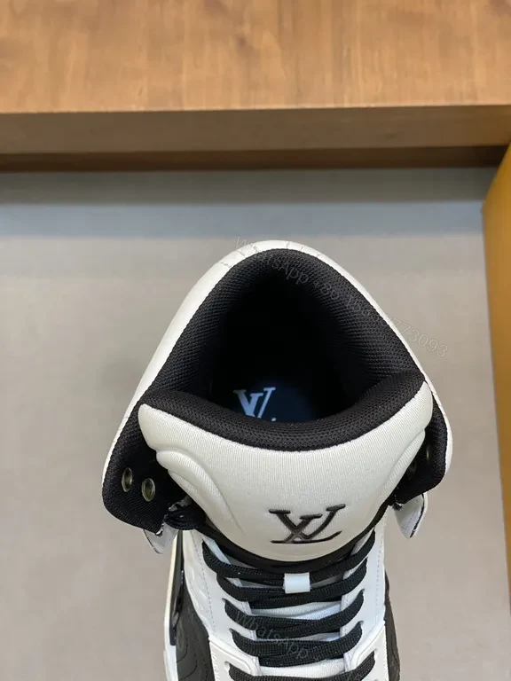View 3 of Bold Contrast LV High-Top Sneaker: Luxury Streetwear Comfort