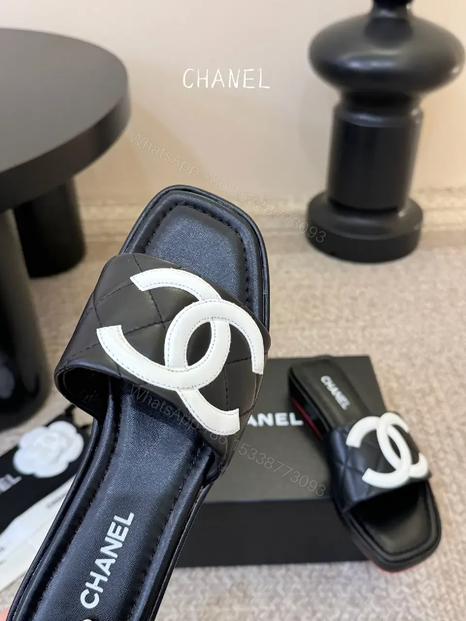 View 5 of Interlocking Logo Slip-Ons: Black & White Luxury Sandals