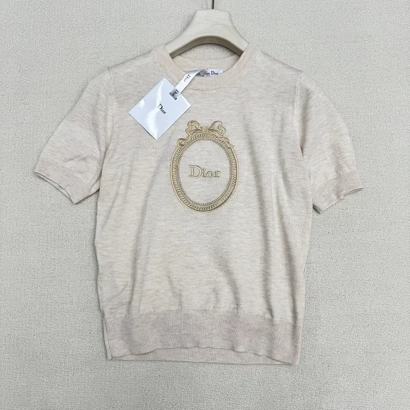 Beige Cotton Knit Tee with Gold Crest Emblem — view 1