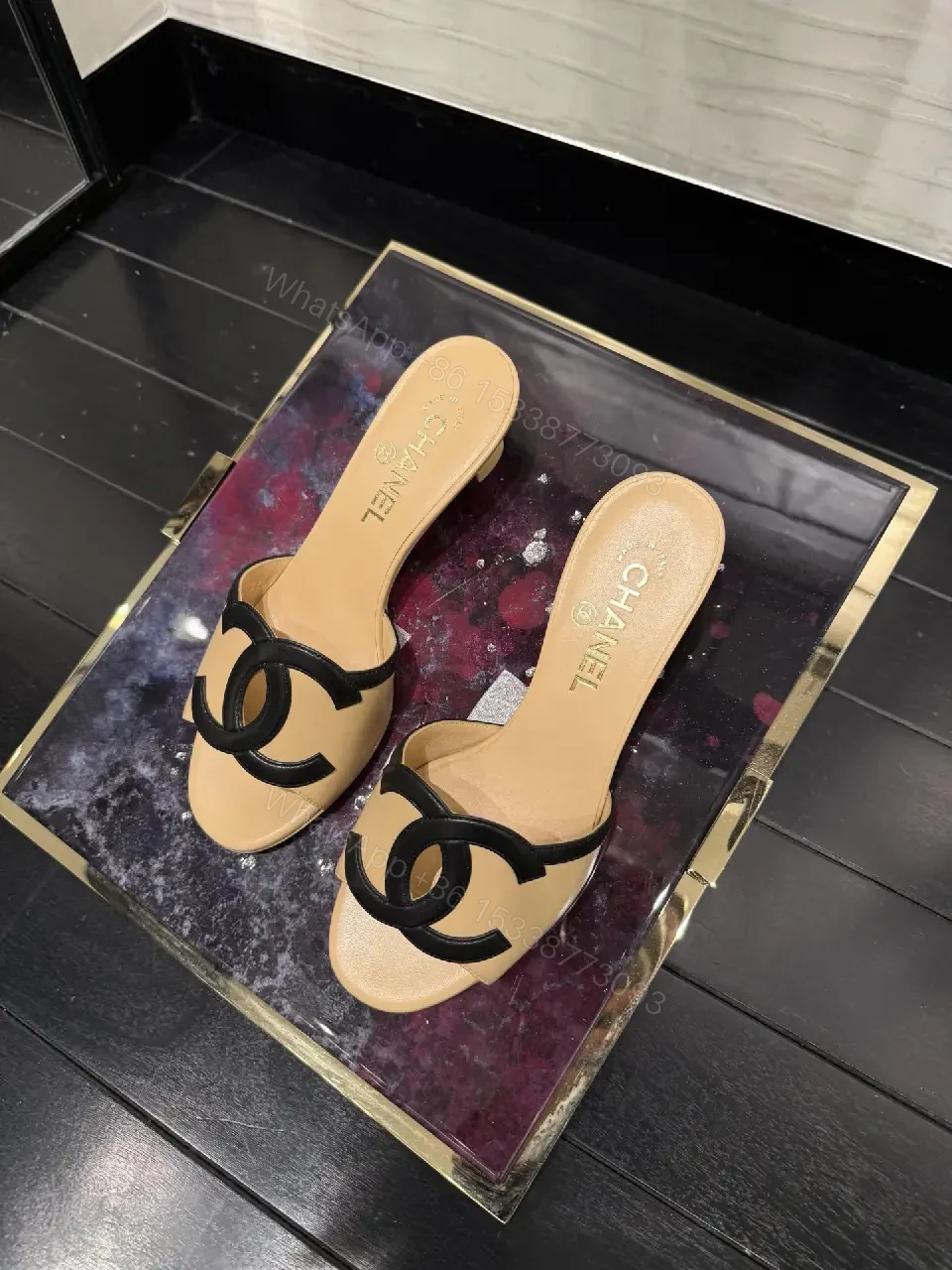 View 4 of Beige Leather Slide Signature Chanel Logo Sandals