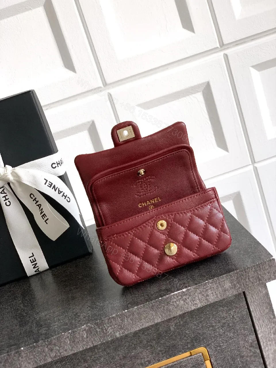 View 2 of Burgundy Quilted Leather Wallet-On-Chain Bag