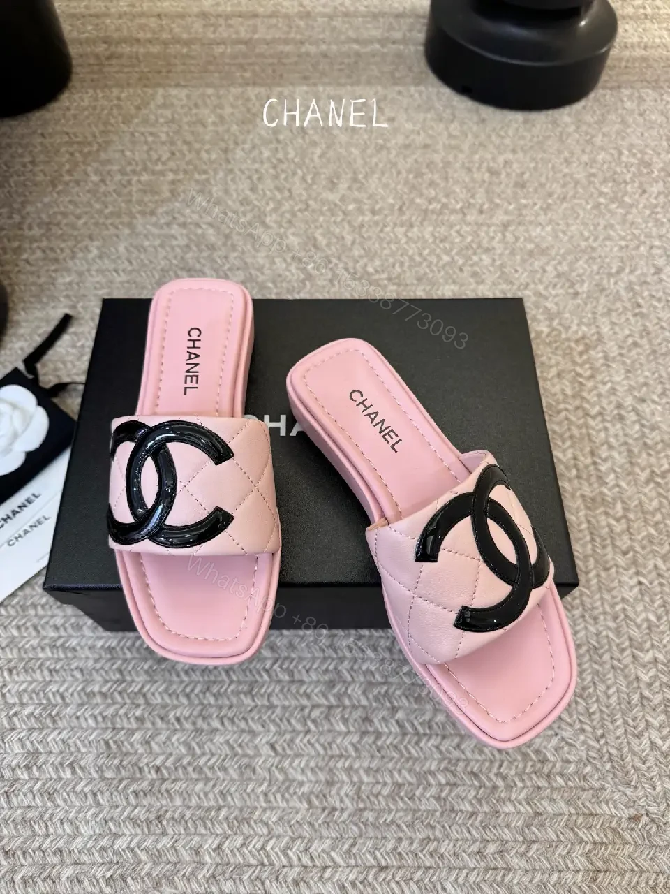 View 9 of Pastel Pink Faux-Leather Slides with Logo Hardware