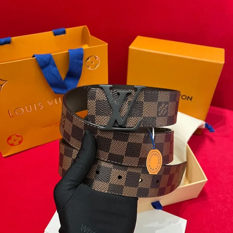 View 5 of Leather-Luxe LV Belt: Damier Pattern, Logo Buckle, All-Day Comfort