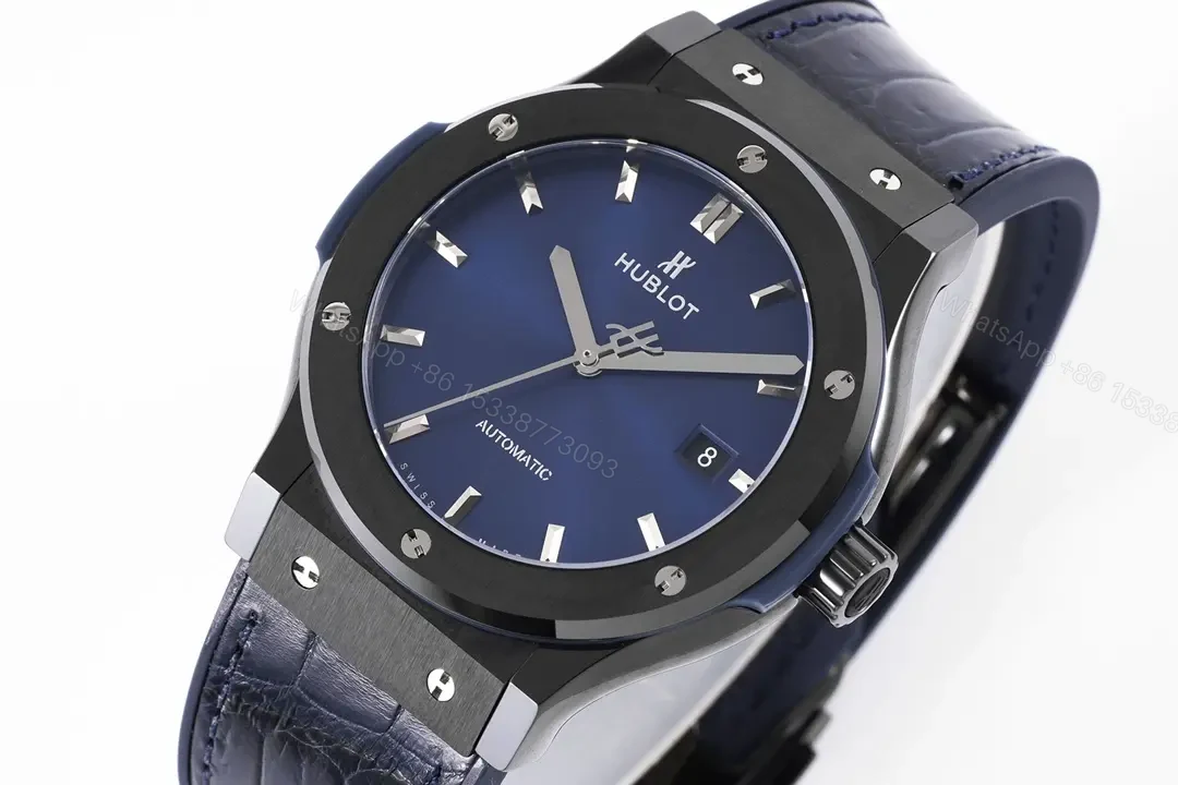 View 3 of Hublot Classic Fusion Blue Dial Automatic Watch Black Ceramic Case Blue Crocodile Leather Strap