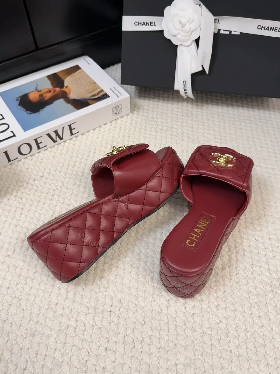 View 7 of Burgundy Quilted Slides with Gold Hardware, Luxury Comfort