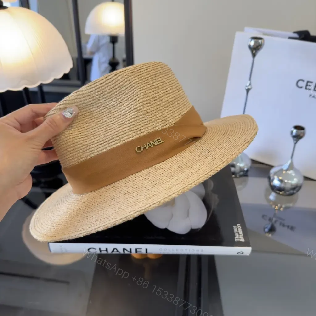 View 6 of Light Beige Straw Fedora-Boater Hat with Ribbon CHANEL Logo