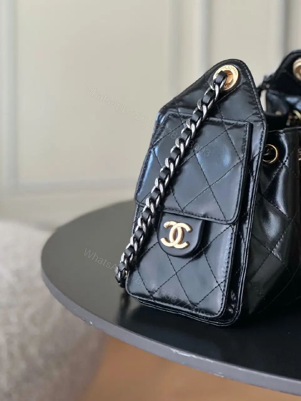 View 2 of Quilted Leather Chain-Detail Shoulder Bag, Black, Lux Style, Everyday Carry