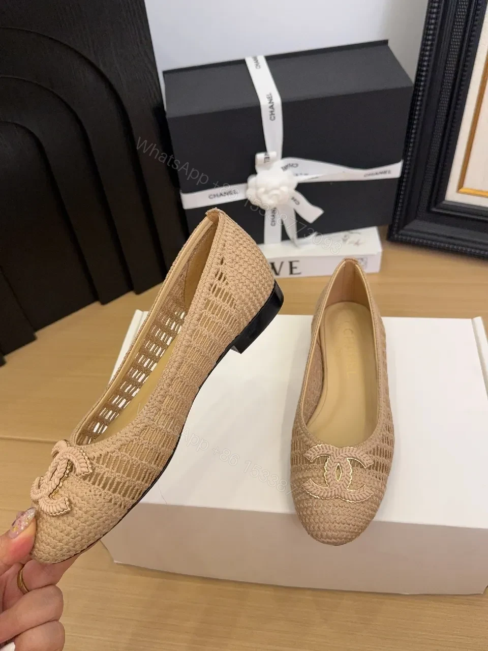 View 9 of Beige Woven Ballet Flats with Logo Embroidery, Elegant Comfort