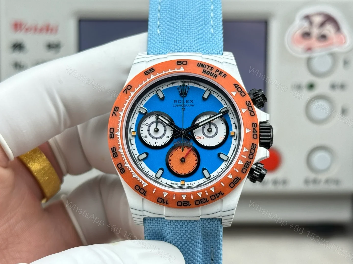 Rolex Daytona Carbon Fiber Replica 40MM Exclusive Blue Dial Orange Bezel Fabric Strap R74 RG-ROLEX-DAYTONA — view 1