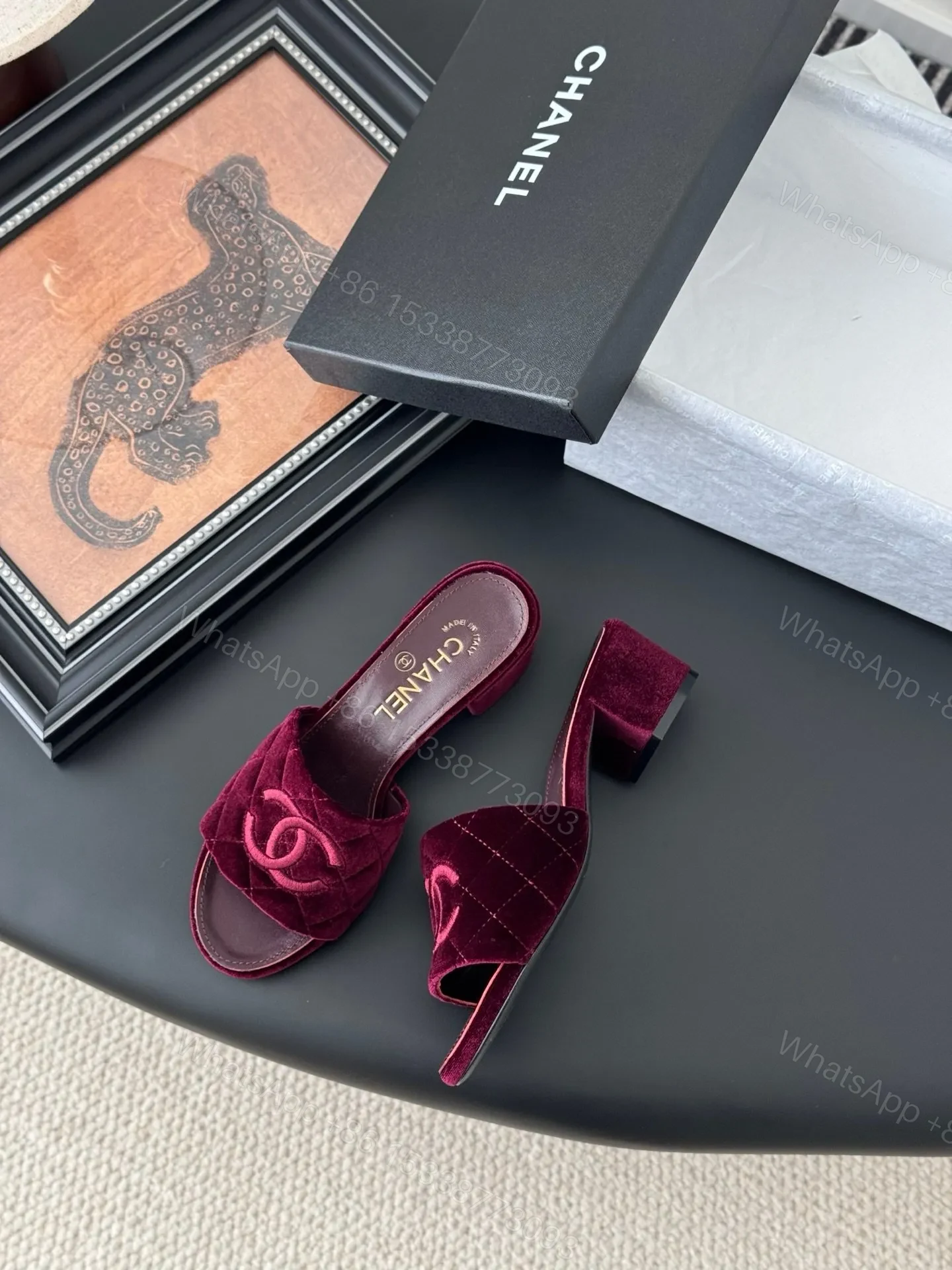 View 3 of Chanel Women Burgundy Velvet Slide Sandals