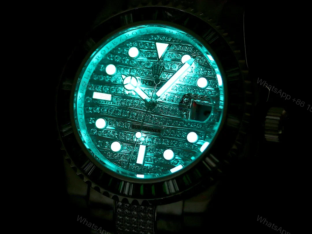 View 5 of Rolex Submariner Green Baguette Diamond Replica 42MM Premium Meteorite Dial Pavé Oyster Bracelet RG-ROLEX-SUB-GREEN-BAGUETTE-42