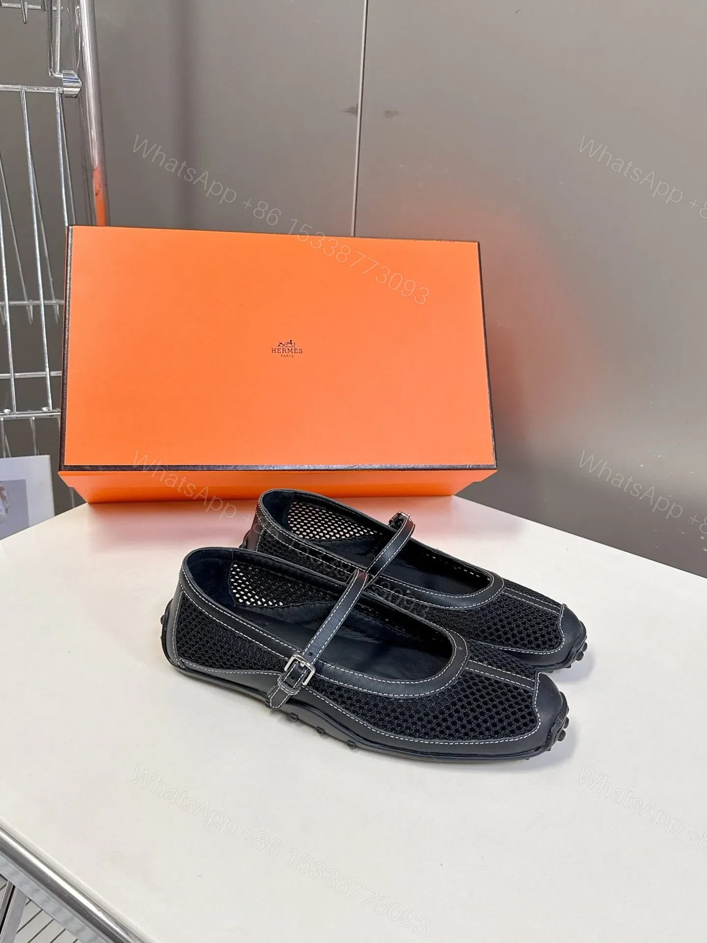View 6 of Hermes Women Black Mesh Leather Mary Janes