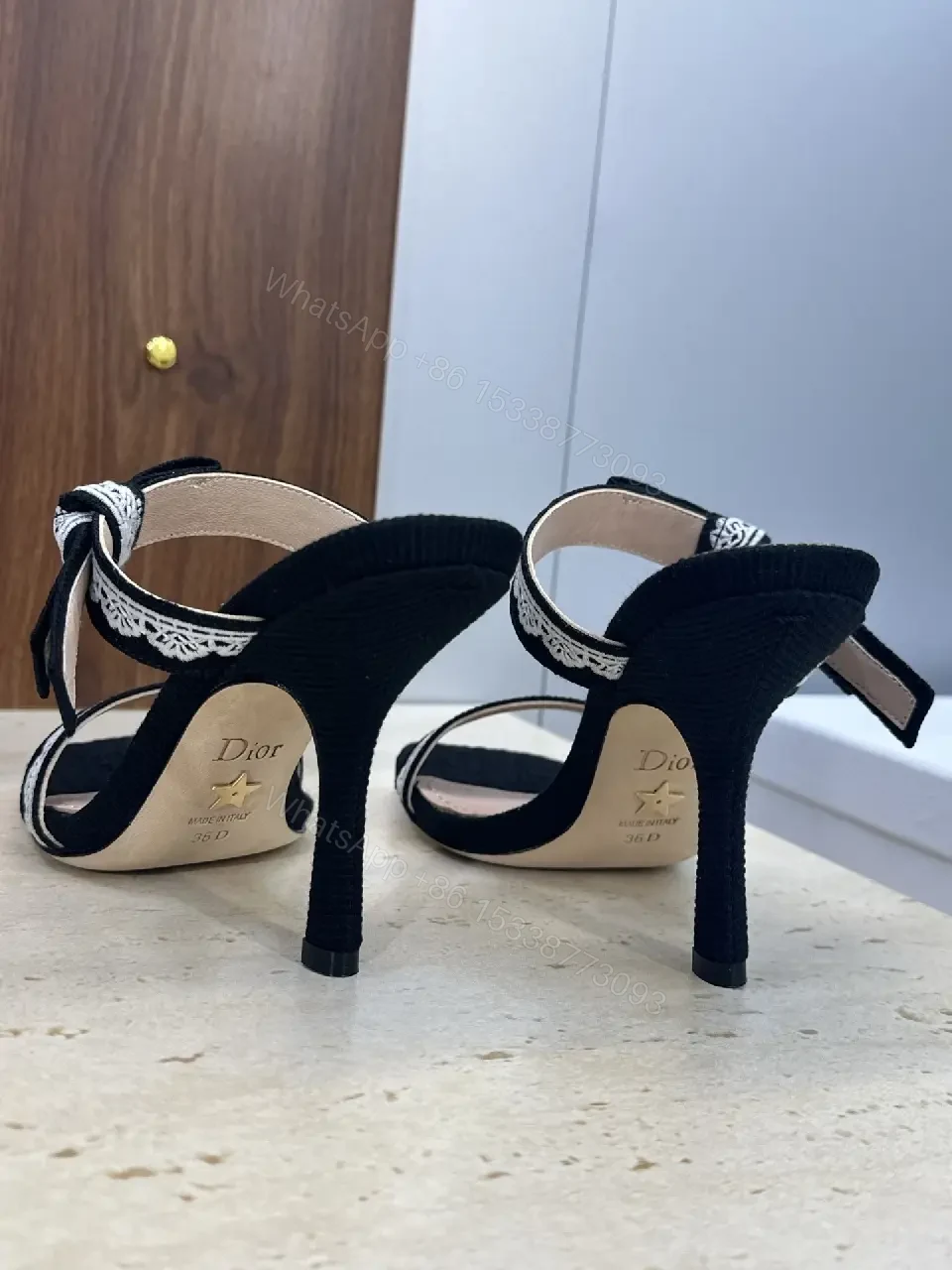 View 10 of Black Patent Lace-Trim Sandals with Dior Band, Open-Toe Heels