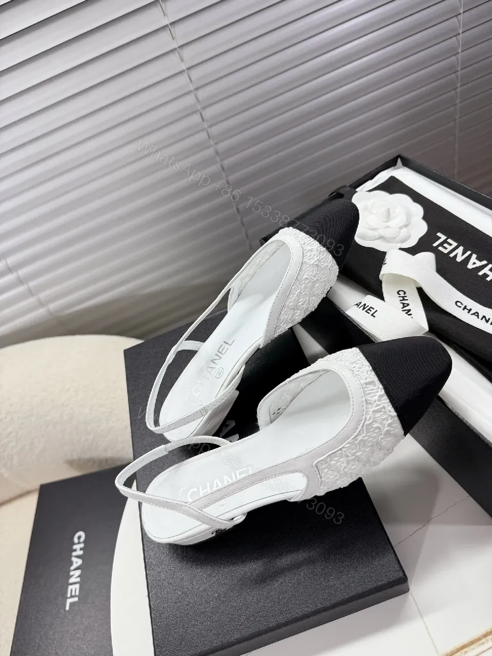 View 4 of Textured Knit Slingback Flats - Classic Black & White, Knit Accent, Flat Shoes