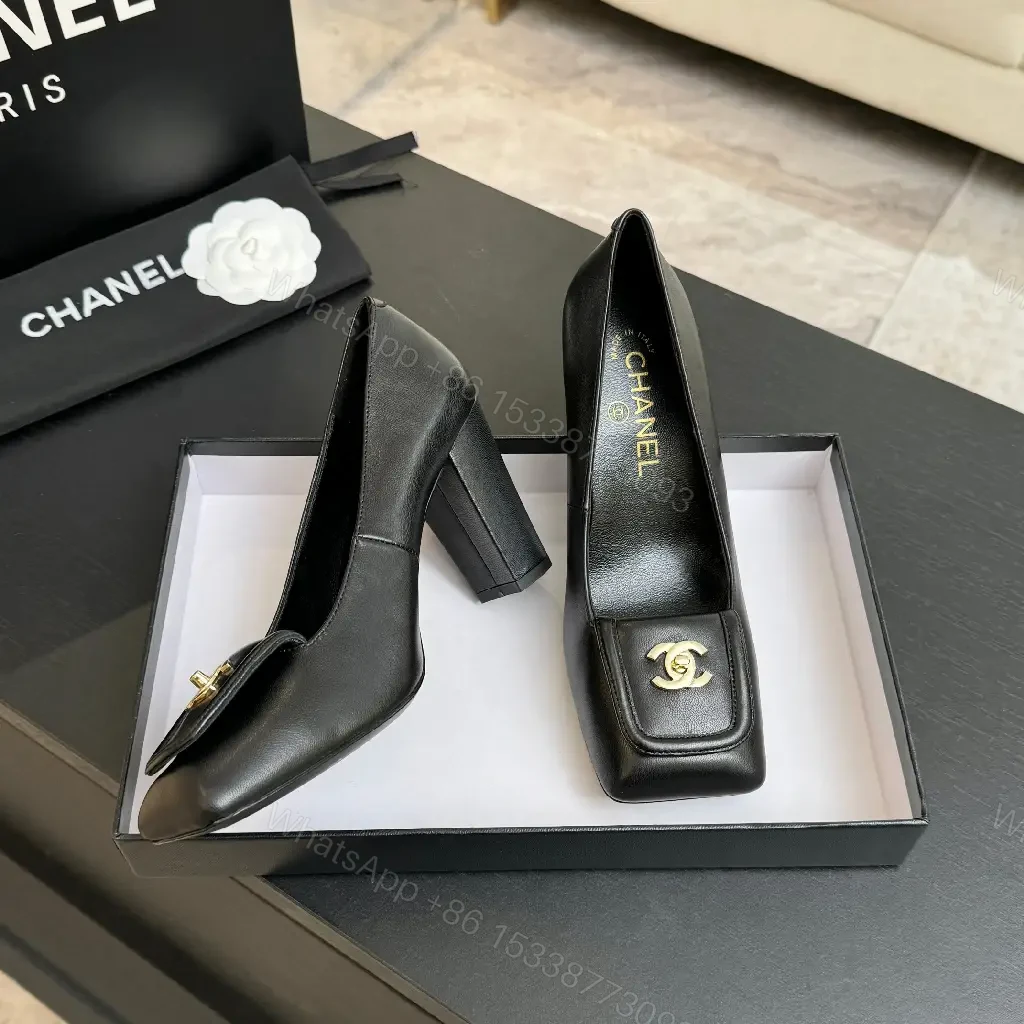 View 10 of Black Leather Heels with Iconic Hardware Emblem, Square-Toe, Block Heel