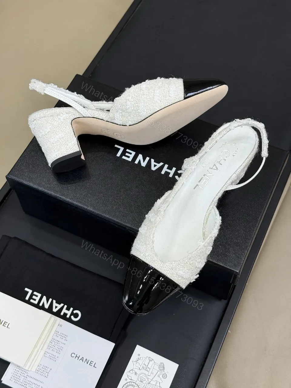 View 3 of White Tweed Patent-Toe Slingback Pumps with Mid-Heel