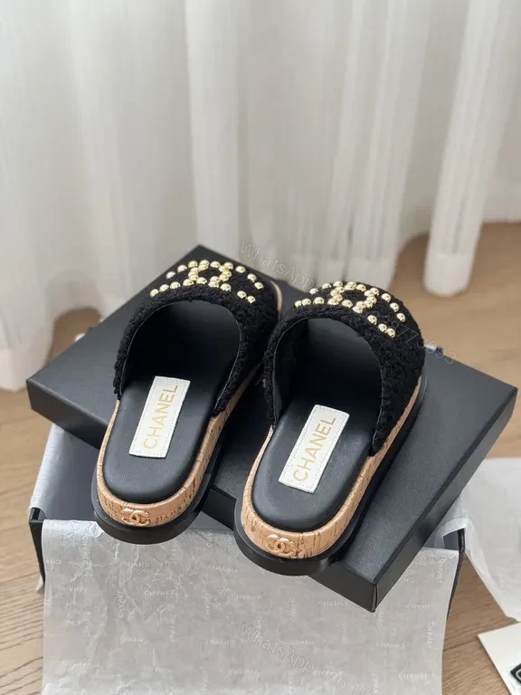 View 5 of Chanel-Inspired Black Knit Slides with Gold Logo Accents