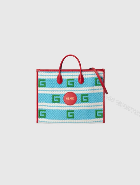 Gucci高仿包包 古驰a货包包 2021夏日度假系列Miami水蓝色条纹彩色托特包 — view 1