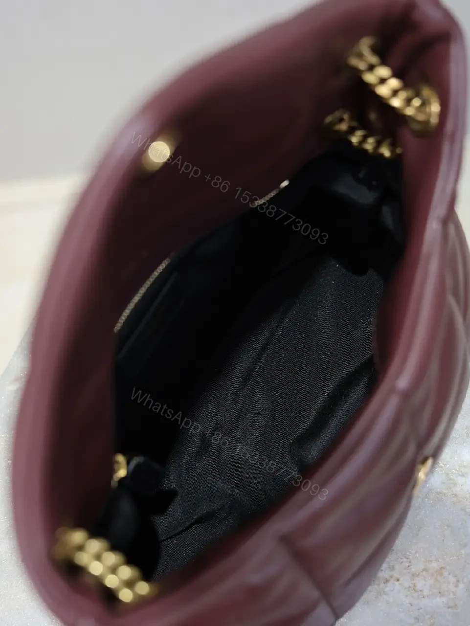 View 3 of Quilted Burgundy Crossbody: Gold-Hardware, Sleek Style