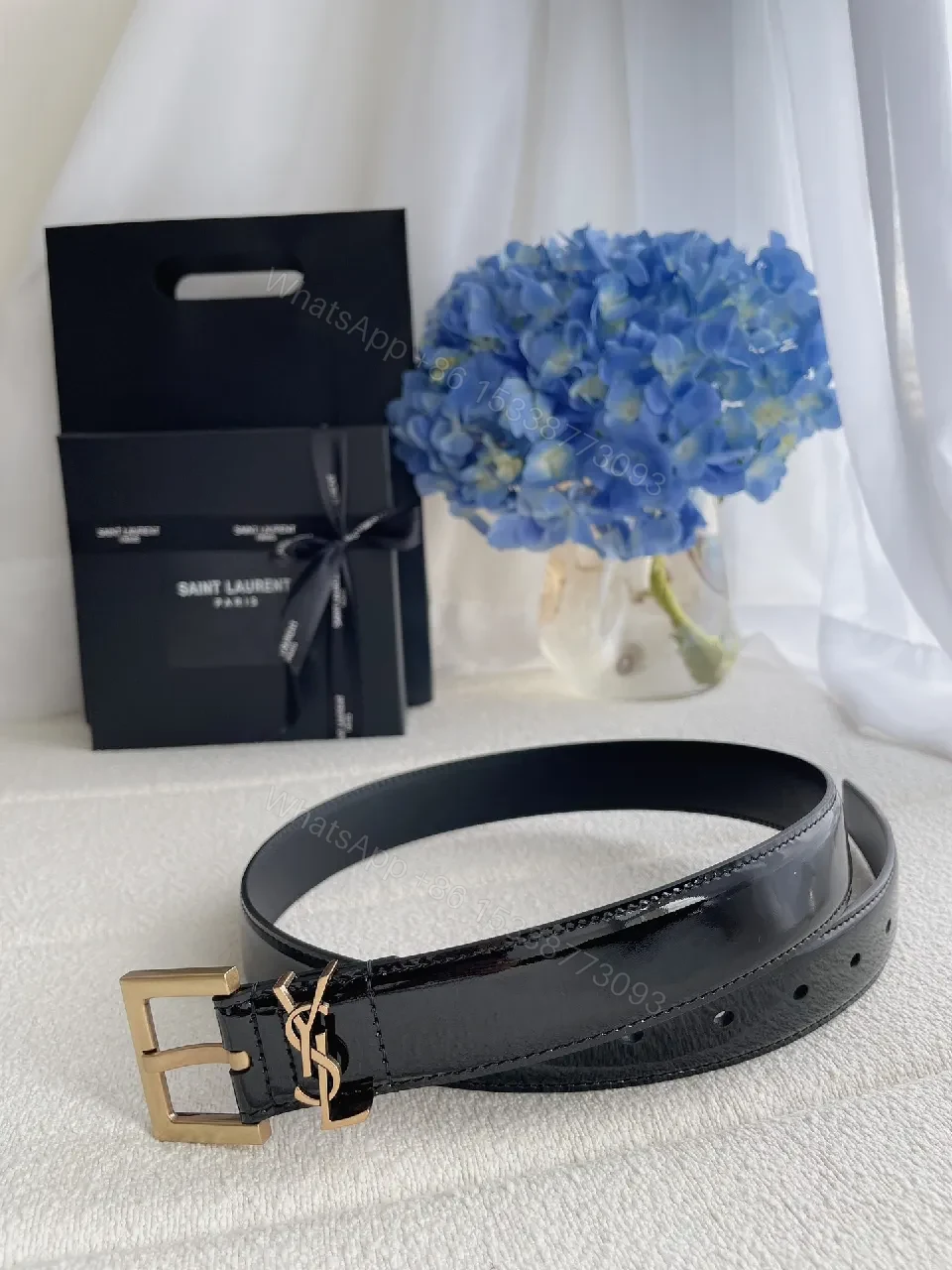 View 2 of Gold-Hardware Patent Leather Belt, Luxe Oxford Style, Premium Craftsmanship