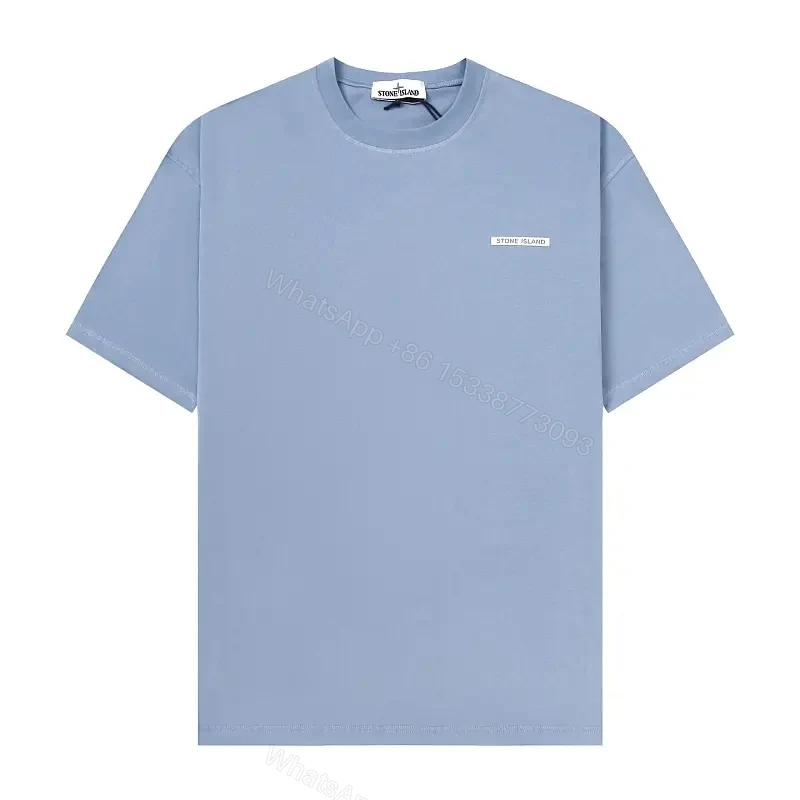 Light Blue Cotton Tee, Casual, Stone Island Tag Shirt — view 1