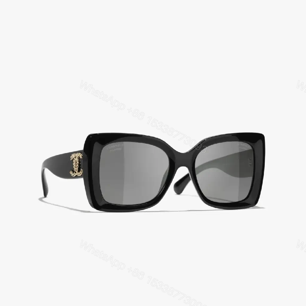 View 3 of Oversized Black Acetate Sunglasses with Gold Logo Details