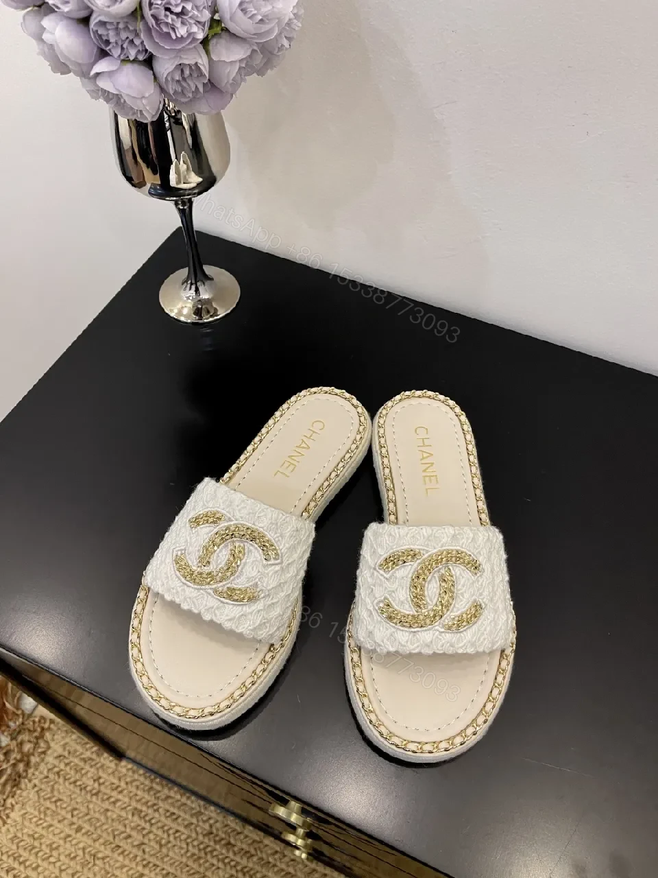 White + Leather-like + Slip-On + Gold Chain Detail + Sandals — view 1