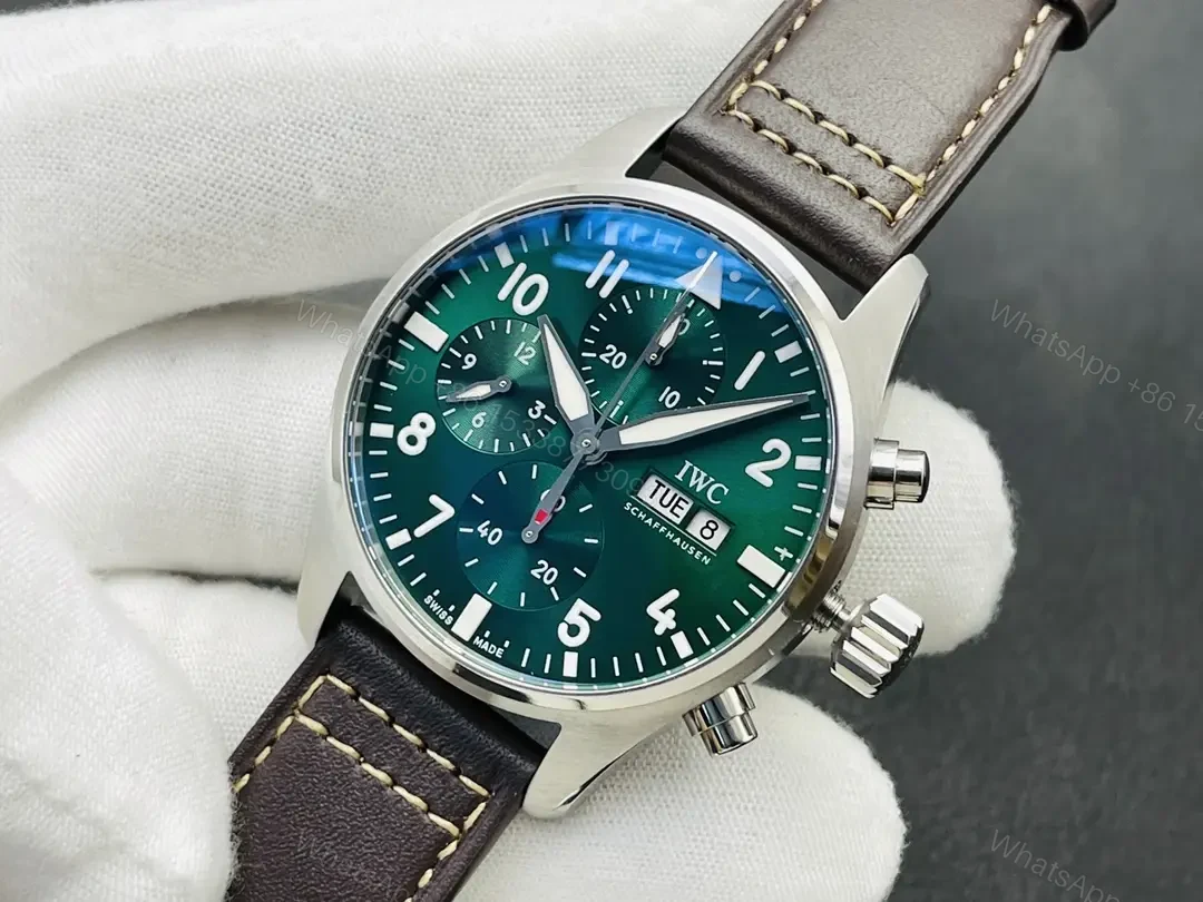 View 3 of Replica IWC Watch Pilot Chronograph Green Dial Leather Strap Premium 41MM IWC-PILOT-CHR-GRN41