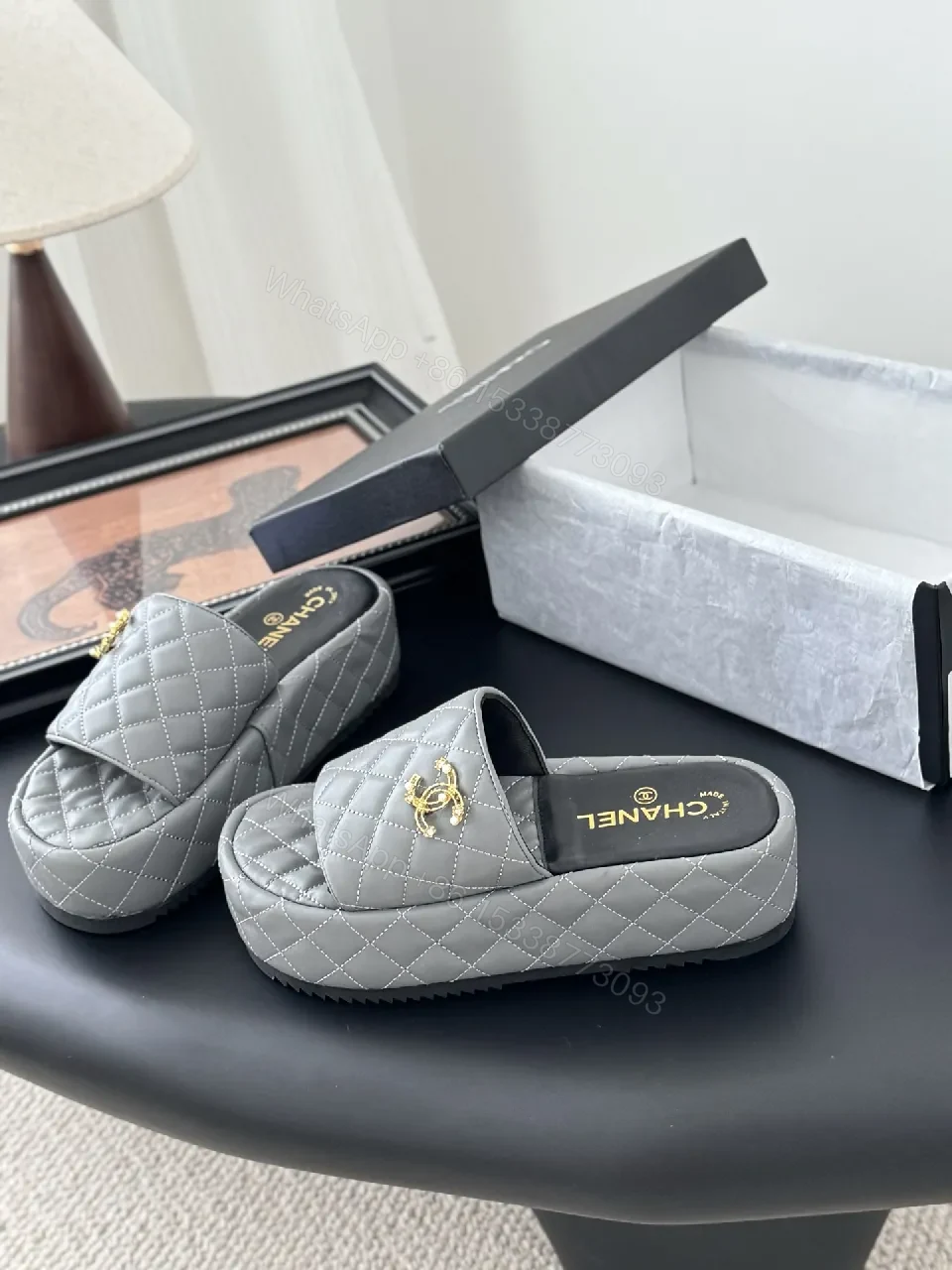 View 5 of Grey Quilted Mule & Slide Set - Lux Comfort, Gold Hardware
