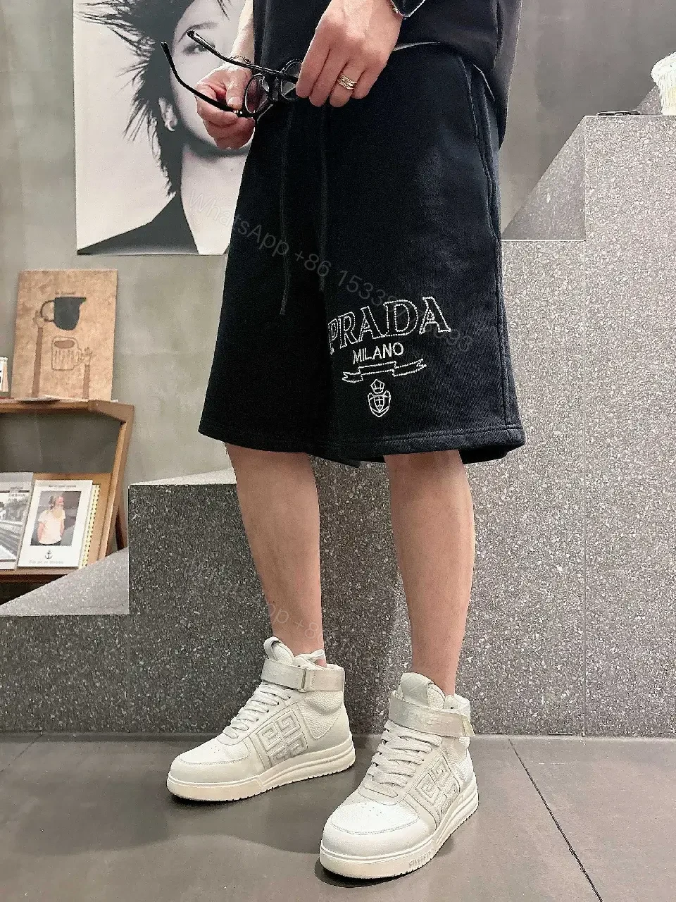 View 2 of Black Cotton Shorts Prada Logo Casual Style with Drawstring